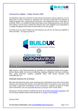 Coronavirus Update – Friday 26 June 2020