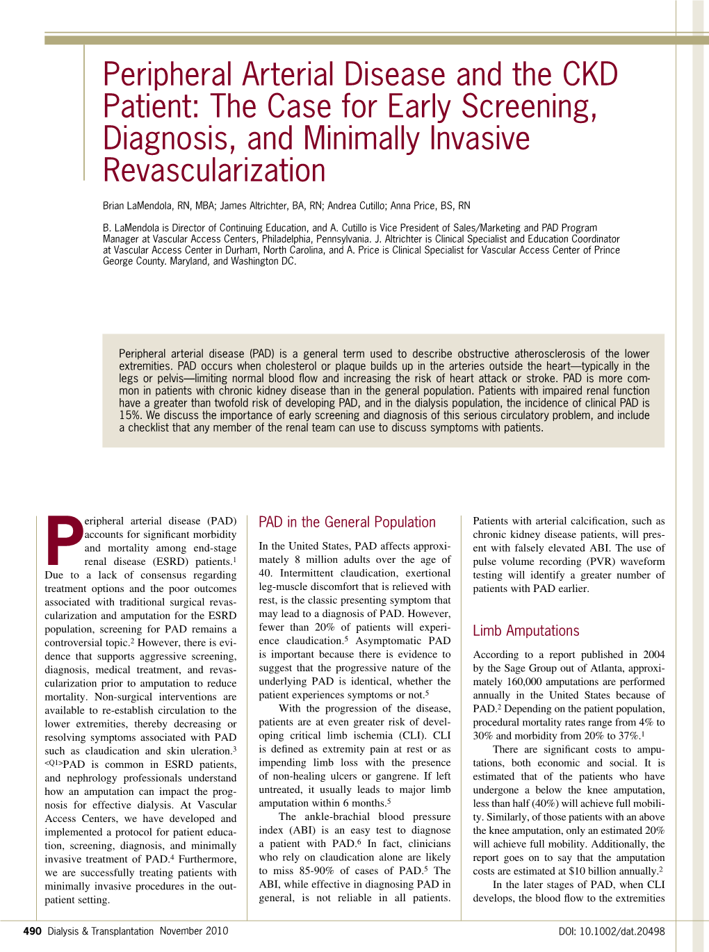 Peripheral Arterial Disease And The Ckd Patient The Case For Early Screening Diagnosis And