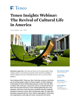 Teneo Insights Webinar: the Revival of Cultural Life in America