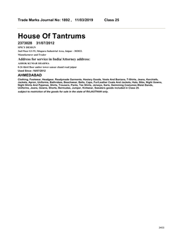 House of Tantrums 2373028 31/07/2012 SPICY DESIGN 2Nd Floor G1-51, Sitapura Industrial Area, Jaipur - 302022