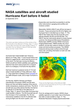 NASA Satellites and Aircraft Studied Hurricane Karl Before It Faded 20 September 2010
