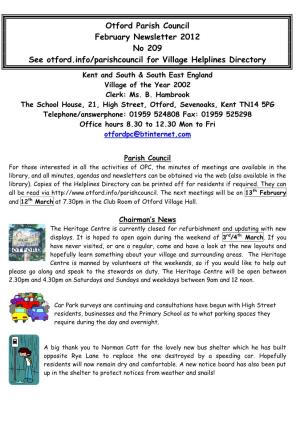 Otford Parish Council February Newsletter 2012 No 209 See Otford.Info/Parishcouncil for Village Helplines Directory