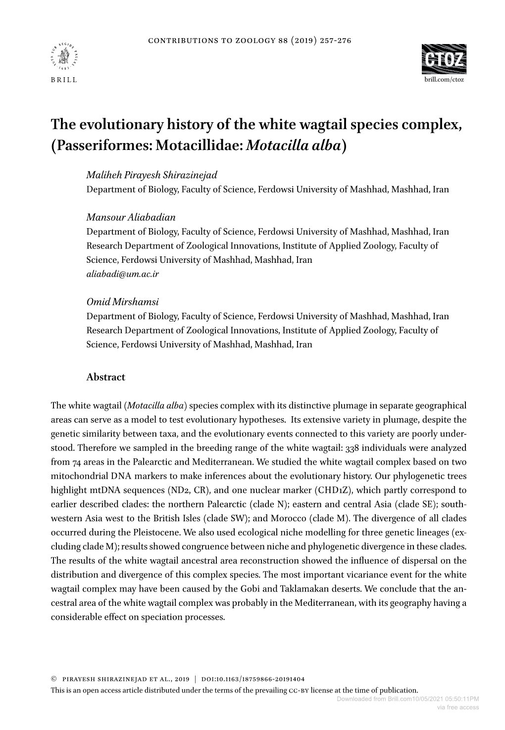 The Evolutionary History of the White Wagtail Species Complex, (Passeriformes: Motacillidae: Motacilla Alba)