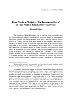 The Transformation of an Oral Poem in Elias Lönnrot's Kalevala