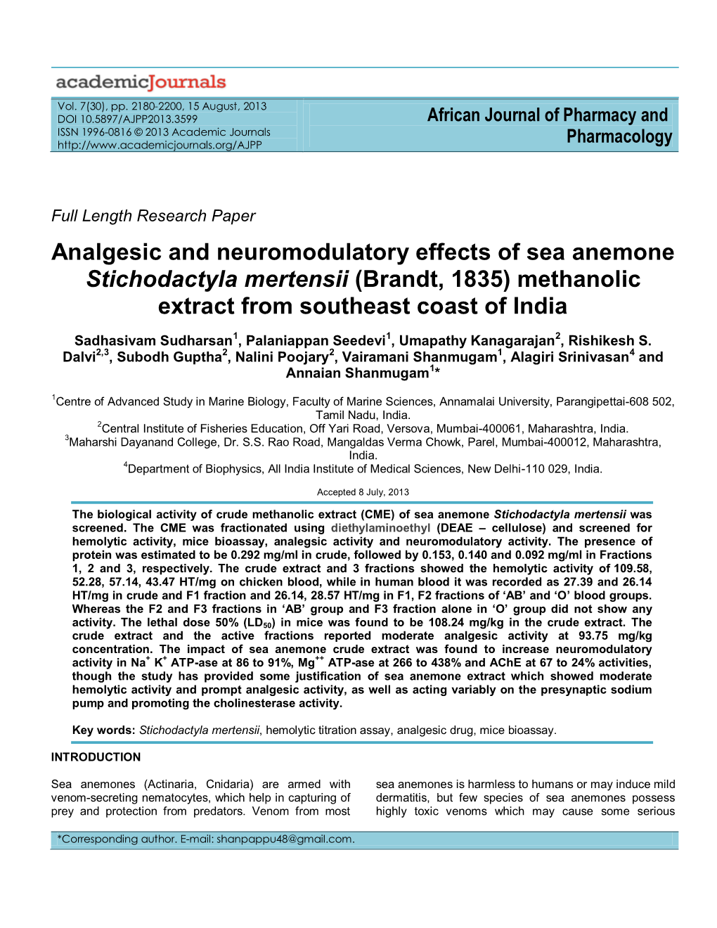 Analgesic and Neuromodulatory Effects of Sea Anemone Stichodactyla Mertensii (Brandt, 1835) Methanolic Extract from Southeast Coast of India