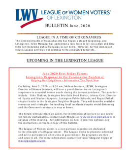 UPCOMING in the LEXINGTON LEAGUE BULLETIN June, 2020