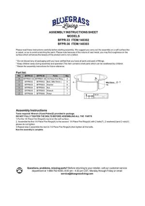 Assembly Instructions Sheet Models Bfpr-33 Item:140302 Bfpr-36 Item:140303