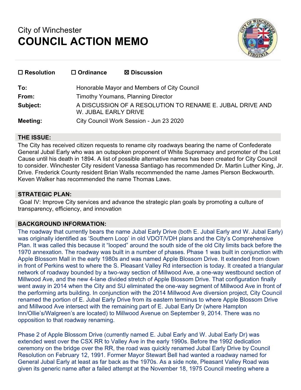 A Discussion of a Resolution to Rename E. Jubal Drive and W