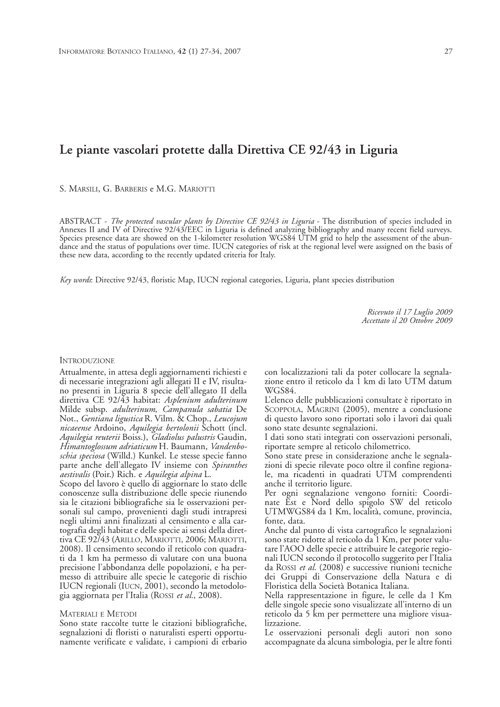 Distribuzione Delle Specie Di Piante Vascolari Degli Allegati II E IV in Liguria 29