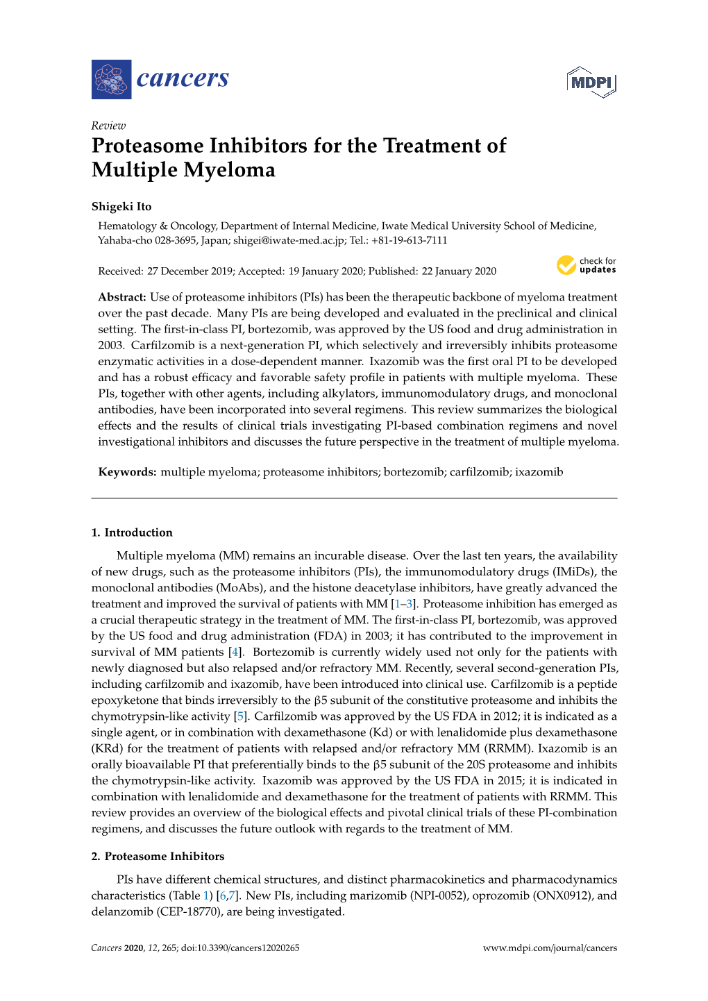 Proteasome Inhibitors for the Treatment of Multiple Myeloma