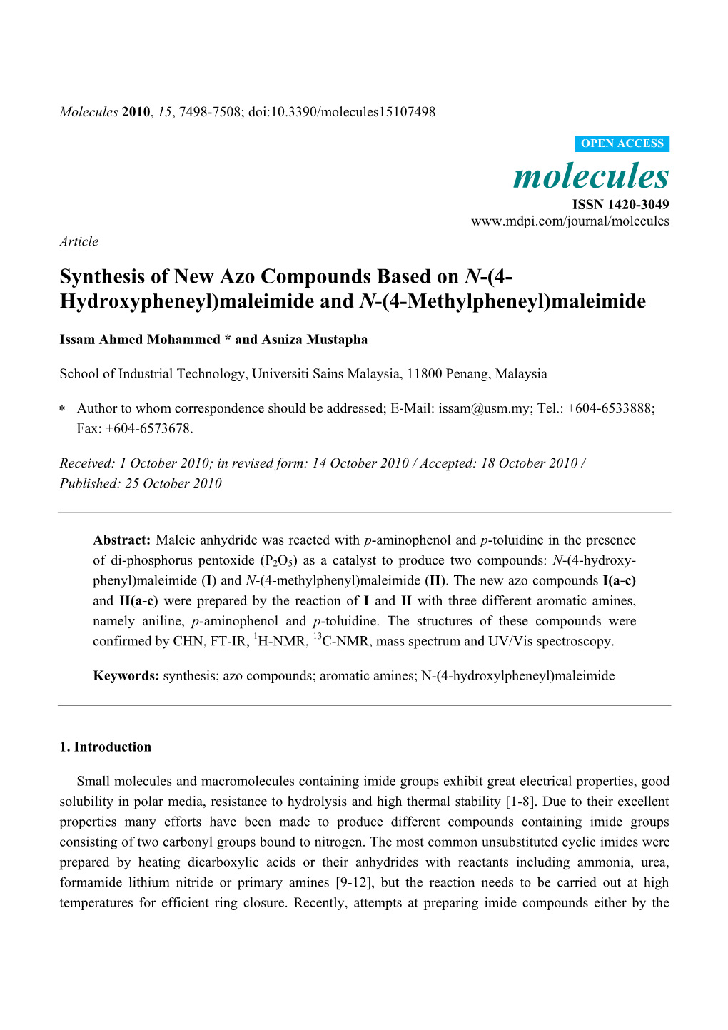 Synthesis of New Azo Compounds Based on N-(4- Hydroxypheneyl)Maleimide and N-(4-Methylpheneyl)Maleimide