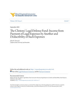 The Clintons' Legal Defense Fund: Income from Payment of Legal Expenses by Another and Deductibility of Such Expenses, 104 W
