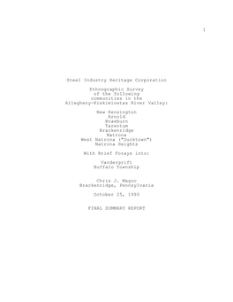 1 Steel Industry Heritage Corporation Ethnographic Survey of The