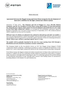 PRESS RELEASE Agreement Between the Piaggio Group And