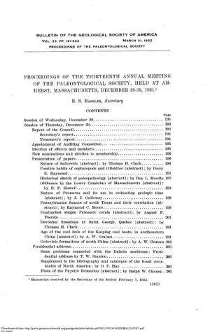 Proceedings of the Thirteenth Annual Meeting of the Paleontological Society, Held at Am­ Herst, Massachusetts, December 28-30, 1921.1
