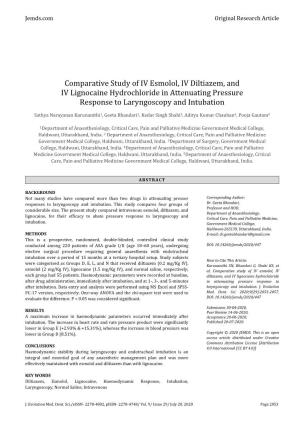 Comparative Study of IV Esmolol, IV Diltiazem, and IV Lignocaine Hydrochloride in Attenuating Pressure Response to Laryngoscopy and Intubation