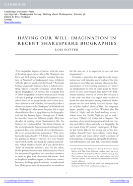 Imagination in Recent Shakespeare Biographies Lois Potter