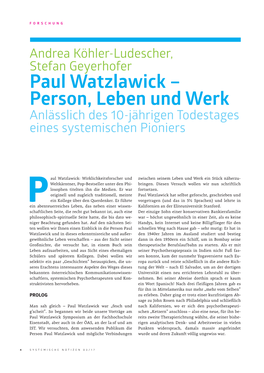 Paul Watzlawick – Person, Leben Und Werk Anlässlich Des 10-Jährigen Todestages Eines Systemischen Pioniers