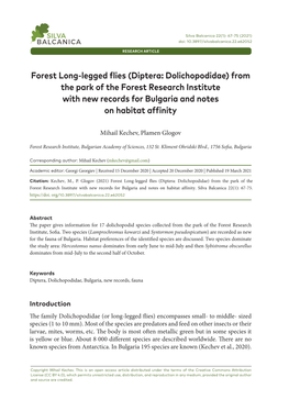 Diptera: Dolichopodidae) from the Park of the Forest Research Institute with New Records for Bulgaria and Notes on Habitat Affinity