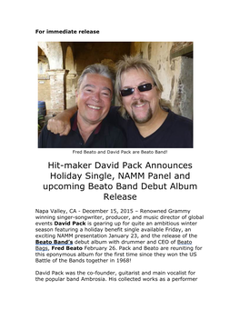 Hit-Maker David Pack Announces Holiday Single, NAMM Panel and Upcoming Beato Band Debut Album Release