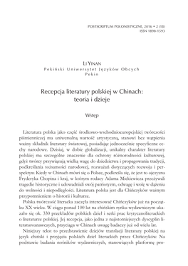 Li Yinan: Recepcja Literatury Polskiej W Chinach: Teoria I Dzieje