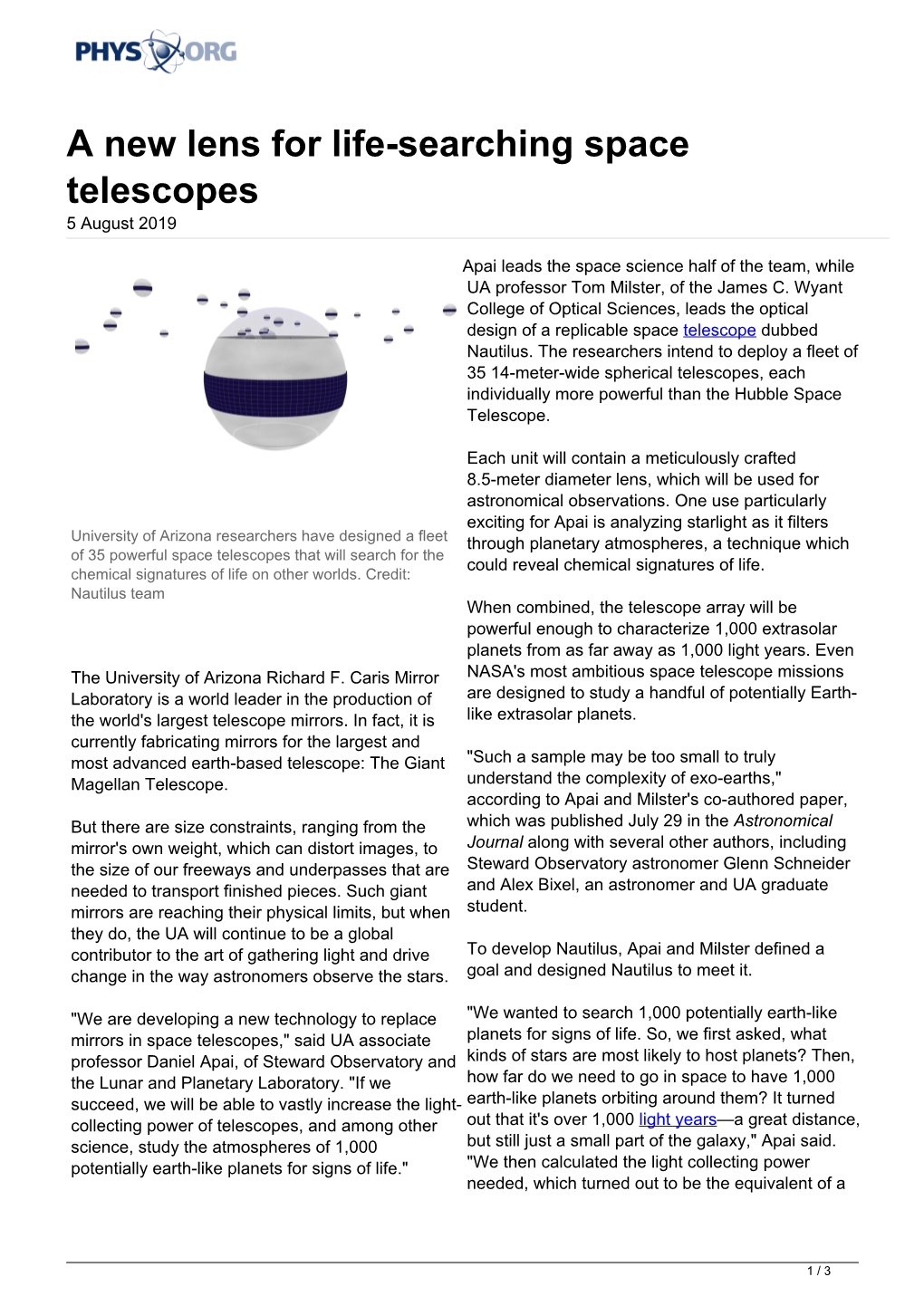 A New Lens for Life-Searching Space Telescopes 5 August 2019