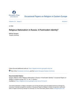 Religious Nationalism in Russia: a Postmodern Identity?