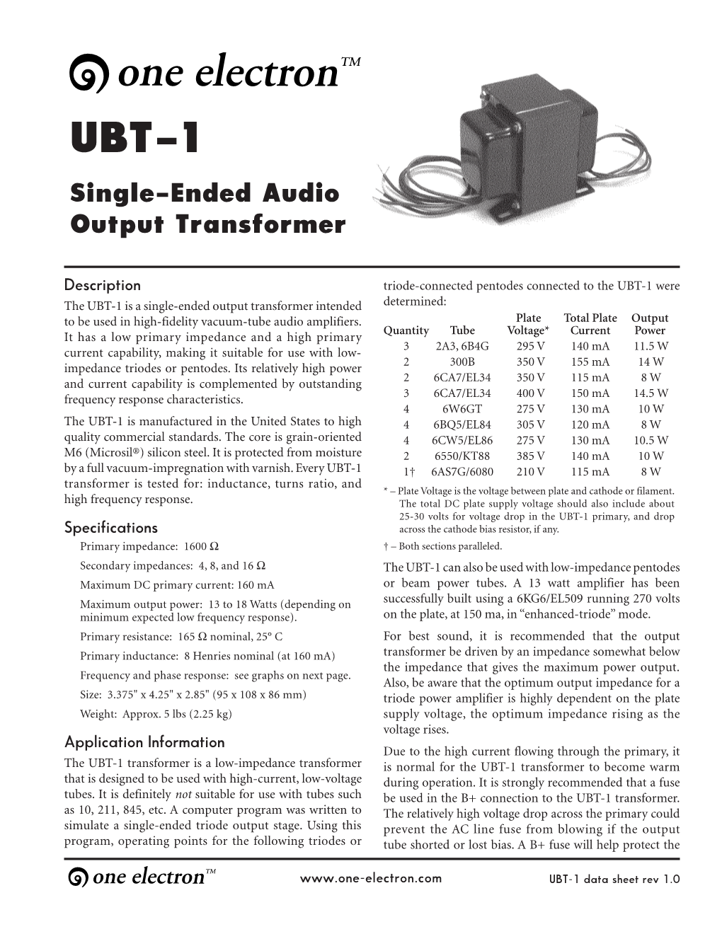 UBT-1 Single-Ended Audio Output Transformer