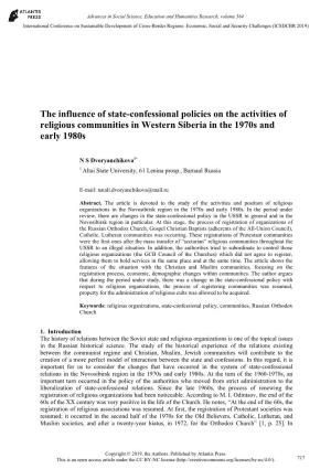 The Influence of State-Confessional Policies on the Activities of Religious Communities in Western Siberia in the 1970S and Early 1980S