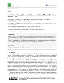 A New Record of Aspergillus Vadensis (Ascomycota) Isolated from Soil in Yunnan Province, China