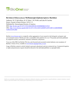 Revision of Heterocloeon Mcdunnough (Ephemeroptera: Baetidae) Author(S): W