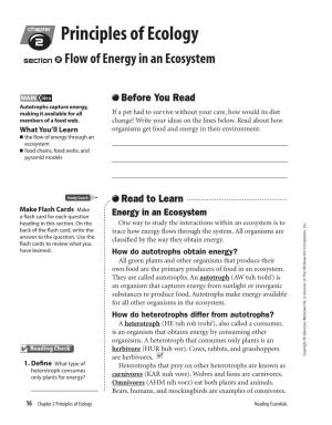 Principles of Ecology Section ●2 Flow of Energy in an Ecosystem