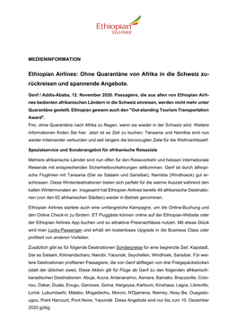 Ethiopian Airlines: Ohne Quarantäne Von Afrika in Die Schweiz Zu- Rückreisen Und Spannende Angebote