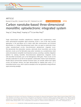 Carbon Nanotube-Based Three-Dimensional Monolithic Optoelectronic Integrated System