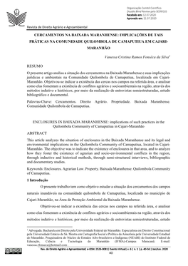 Cercamentos Na Baixada Maranhense: Implicações De Tais Práticas Na Comunidade Quilombola De Camaputiua Em Cajari- Maranhão V