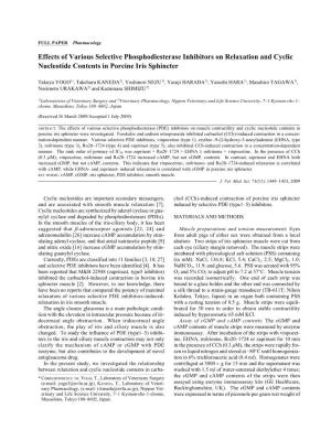 Effects of Various Selective Phosphodiesterase Inhibitors on Relaxation and Cyclic Nucleotide Contents in Porcine Iris Sphincter