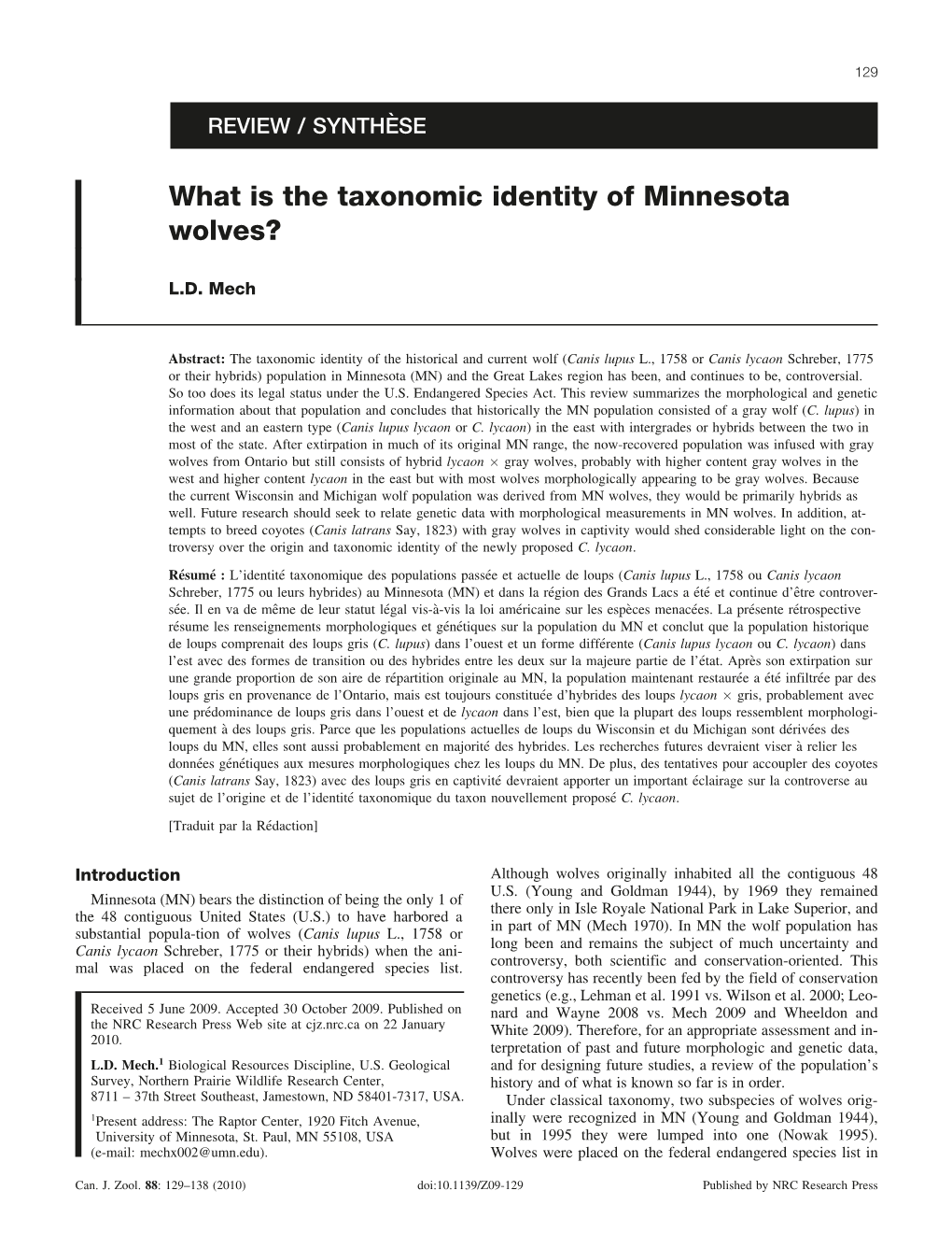 What Is the Taxonomic Identity of Minnesota Wolves?