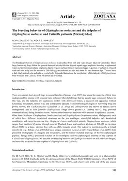 The Breeding Behavior of Glyphoglossus Molossus and the Tadpoles of Glyphoglossus Molossus and Calluella Guttulata (Microhylidae)