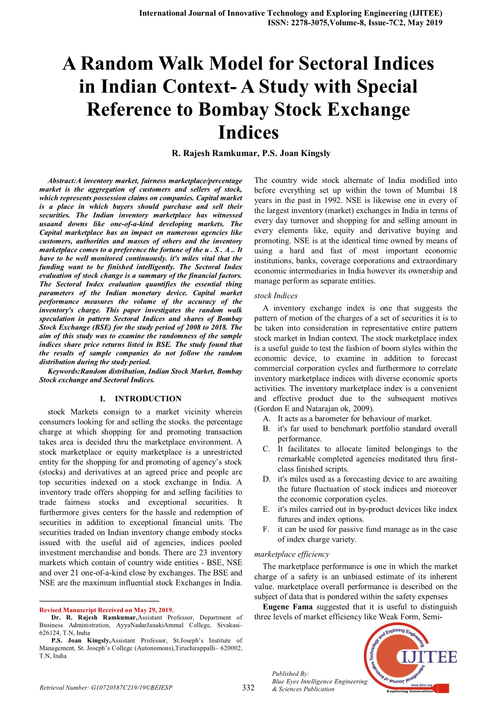 A Random Walk Model for Sectoral Indices in Indian Context- a Study with Special Reference to Bombay Stock Exchange Indices R