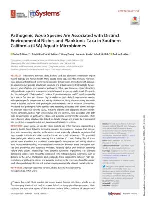 Pathogenic Vibrio Species Are Associated with Distinct Environmental Niches and Planktonic Taxa in Southern California (USA) Aquatic Microbiomes