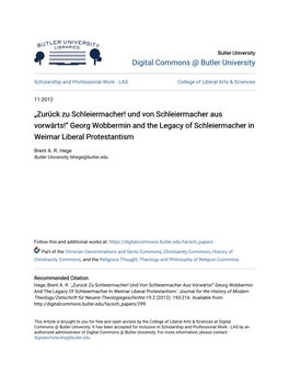 Georg Wobbermin and the Legacy of Schleiermacher in Weimar Liberal Protestantism