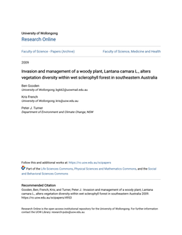 Invasion and Management of a Woody Plant, Lantana Camara L., Alters Vegetation Diversity Within Wet Sclerophyll Forest in Southeastern Australia