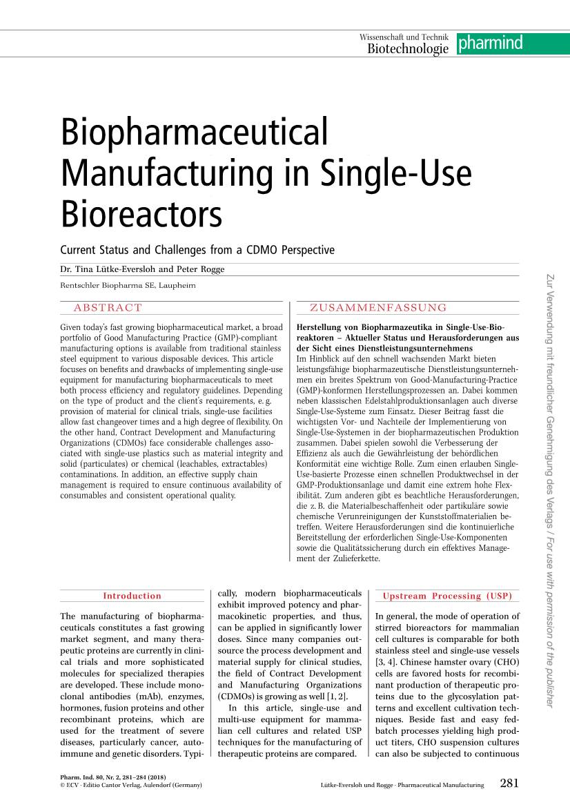 Biopharmaceutical Manufacturing in Single-Use Bioreactors Current Status and Challenges from a CDMO Perspective Dr