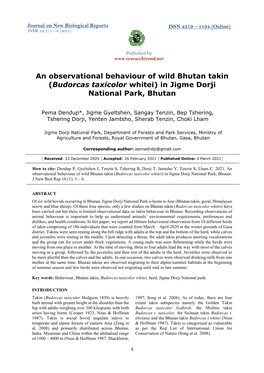 An Observational Behaviour of Wild Bhutan Takin (Budorcas Taxicolor Whitei) in Jigme Dorji National Park, Bhutan