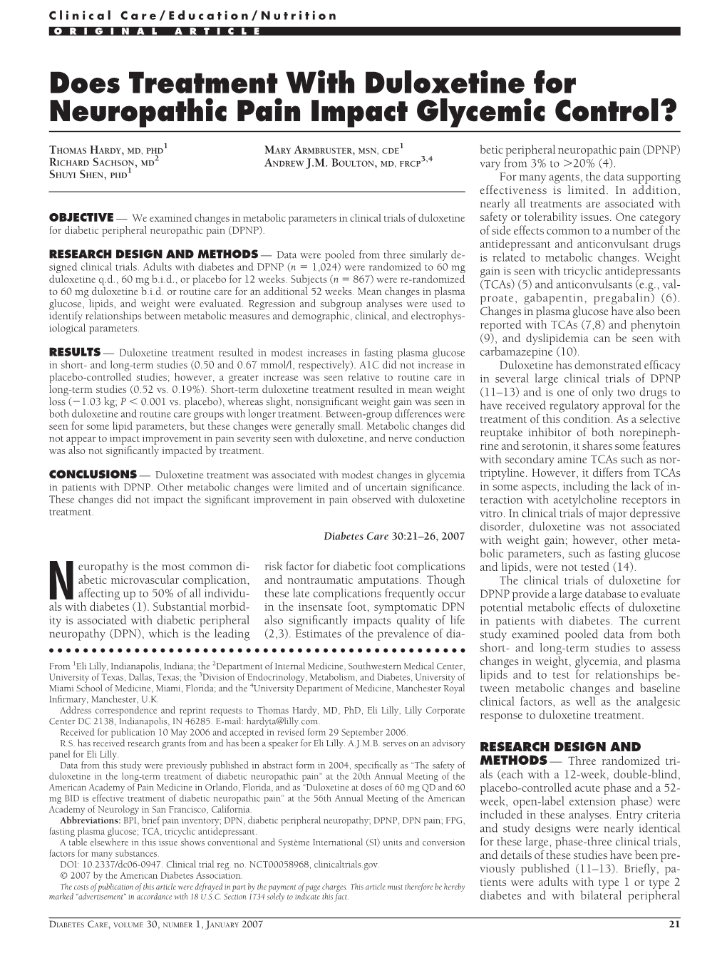 Does Treatment with Duloxetine for Neuropathic Pain Impact Glycemic Control?