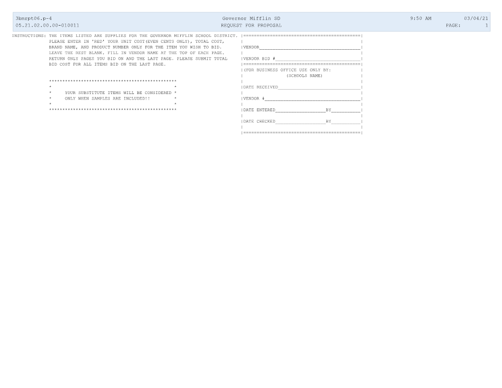 3Bmrpt06.P-4 Governor Mifflin SD 9:50 AM 03/04/21 05.21.02.00.00-010011 REQUEST for PROPOSAL PAGE: 1