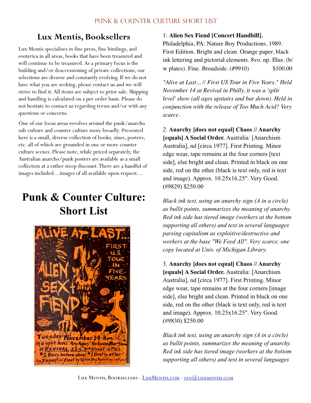 Punk and Counter Culture List