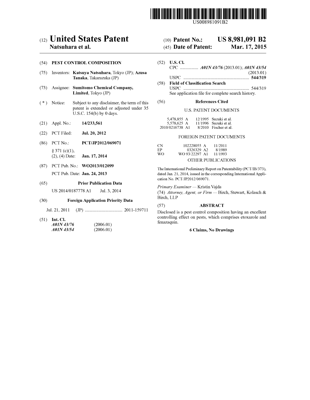 (12) United States Patent (10) Patent N0.: US 8,981,091 B2 Natsuhara Et A]