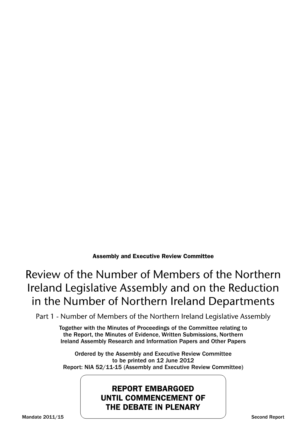 Review of the Number of Members of the Northern Ireland Legislative