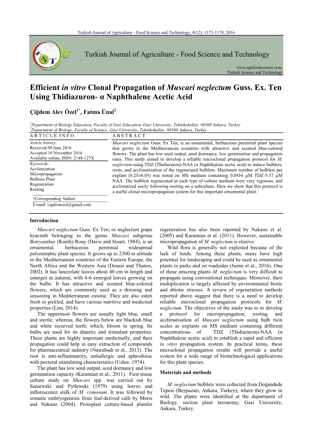 Efficient in Vitro Clonal Propagation of Muscari Neglectum Guss. Ex. Ten Using Thidiazuron- Α Naphthalene Acetic Acid